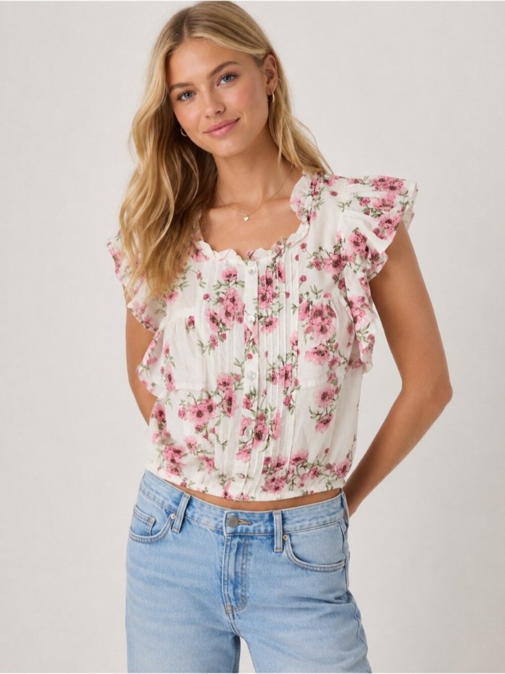 Japna Floral Ruffle Blouse Top Pink Cottagecore Romantic femme Womens Size Large